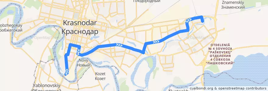 Mapa del recorrido Автобус №44: Автовокзал "Южный" => Комсомольский микрорайон de la línea  en городской округ Краснодар.