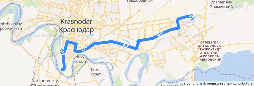Mapa del recorrido Автобус №44: Комсомольский микрорайон => Автовокзал "Южный" de la línea  en городской округ Краснодар.