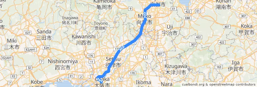 Mapa del recorrido 阪急電鉄京都線 : 大阪梅田=>京都川原町 de la línea  en اليابان.
