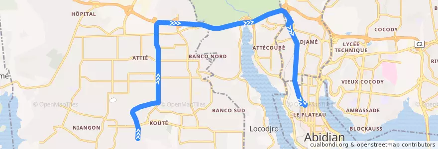 Mapa del recorrido bus 46 : Yopougon Sideci → Plateau Cité Administrative de la línea  en Abican.