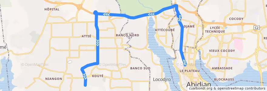 Mapa del recorrido bus 46 : Plateau Cité Administrative → Yopougon Sideci de la línea  en Abican.