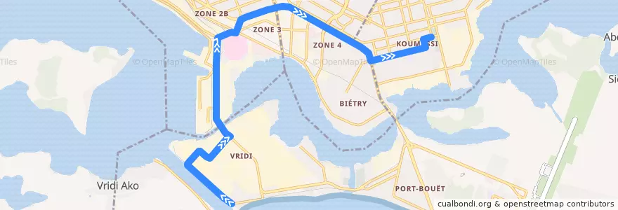 Mapa del recorrido bus 23: Port-Bouët Vridi Canal → Gare Koumassi de la línea  en Abidjan.