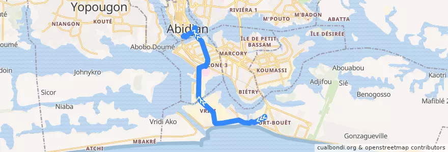 Mapa del recorrido bus 18: Centre Pilote Port-Bouët → Plateau Gare Sud de la línea  en Abidjan.