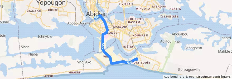 Mapa del recorrido bus 18 : Plateau Gare Sud → Centre Pilote Port-Bouët de la línea  en Абиджан.