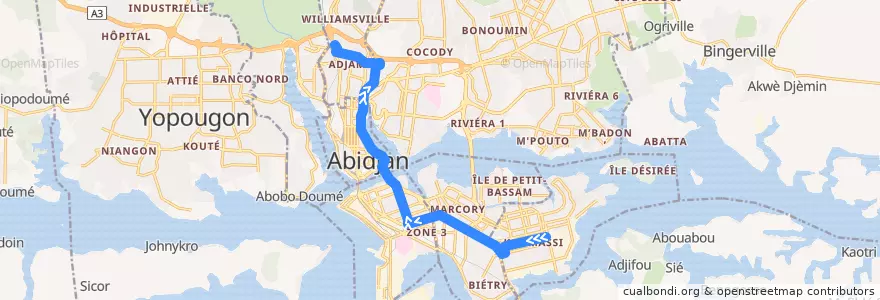 Mapa del recorrido bus 13 : Gare Koumassi → Gare Nord de la línea  en Abidjan.