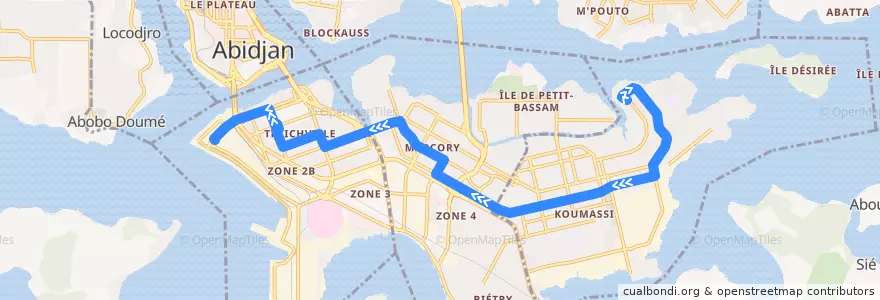 Mapa del recorrido bus 32 : Akromiambla → Commissariat Port de la línea  en Abidjan.