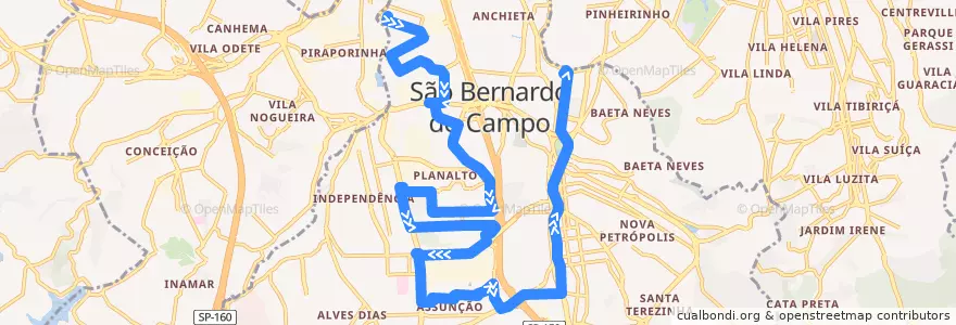 Mapa del recorrido 36: Jordanópolis => Paço de la línea  en São Bernardo do Campo.