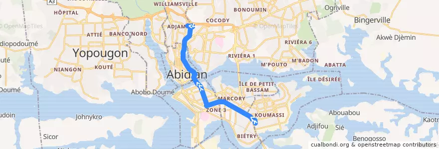 Mapa del recorrido bus 13 : Hôpital de koumassi → Adjamé Liberté de la línea  en Abidjan.