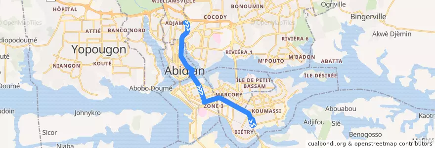 Mapa del recorrido bus 13 : Adjamé Liberté → Hôpital de koumassi de la línea  en Abidjan.