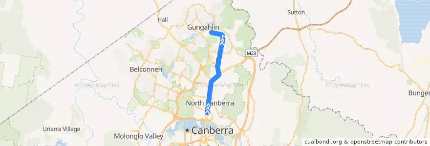 Mapa del recorrido Canberra Metro (Nouthbound) de la línea  en Territoire de la capitale australienne.