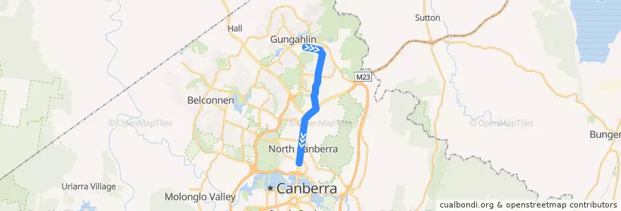 Mapa del recorrido Canberra Metro (Southbound) de la línea  en Territorio della capitale australiana.