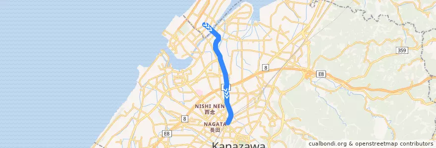 Mapa del recorrido 北陸鉄道浅野川線 de la línea  en 金沢市.