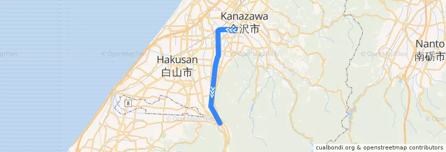 Mapa del recorrido 北陸鉄道石川線 de la línea  en 이시카와현.