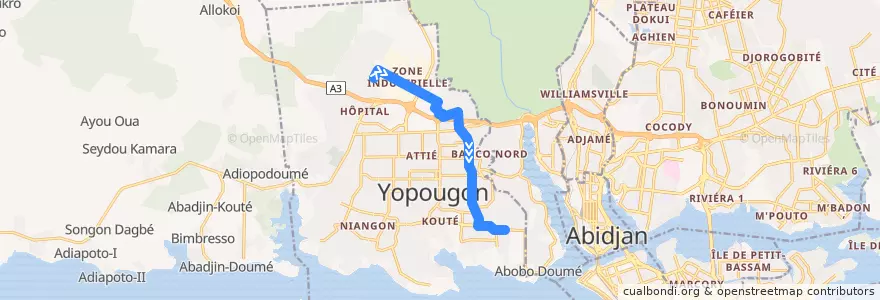 Mapa del recorrido bus 38 : Yopougon Micao → Yopougon Koweït de la línea  en Yopougon.