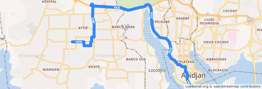 Mapa del recorrido bus 726 : Gare Sud → Yopougon Attié - Amondji de la línea  en Abidjan.