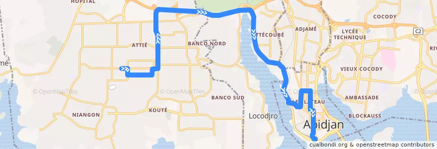 Mapa del recorrido bus 726 : Yopougon Attié - Amondji → Gare Sud de la línea  en Abidjan.