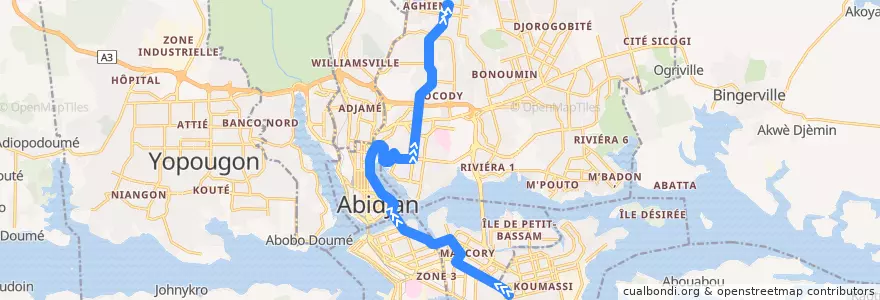 Mapa del recorrido bus 715 : Grand carrefour Koumassi → Sococe Deux plateaux de la línea  en Abidjan.