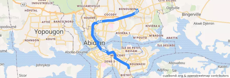 Mapa del recorrido bus 716 : Carrefour Palmeraie (Riviera III) → Grand carrefour Koumassi de la línea  en Abidjan.