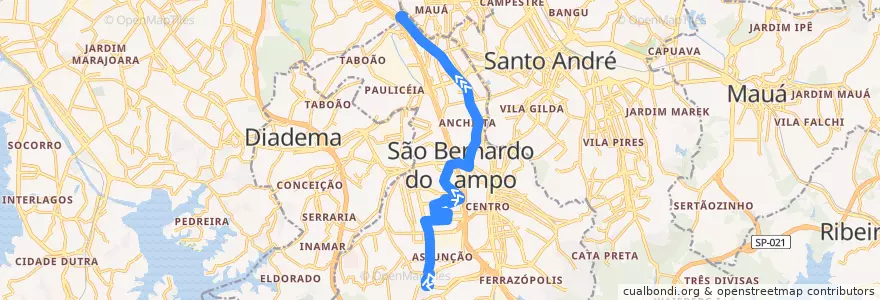 Mapa del recorrido 14R: Terminal Grande Alvarenga => Rudge Ramos de la línea  en São Bernardo do Campo.