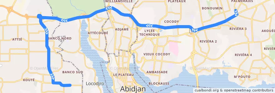 Mapa del recorrido bus 729 : Carrefour Palmeraie (Riviera III) → Yopougon Koweït de la línea  en Abidjan.