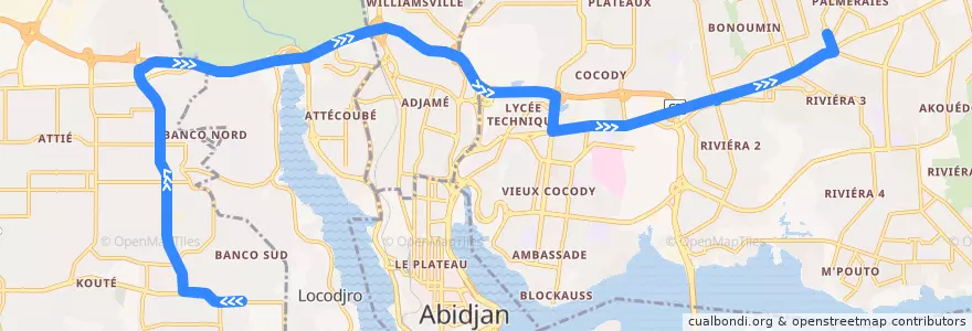 Mapa del recorrido bus 729 : Yopougon Koweït → Carrefour Palmeraie (Riviera III) de la línea  en Abidjan.
