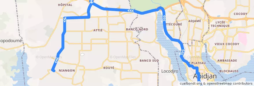 Mapa del recorrido bus 212 : Gare Sud → Niangon Sud à droite de la línea  en Abiyán.