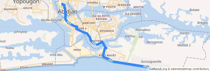 Mapa del recorrido bus 211 : Terminus Gonzagueville → Cité Administrative de la línea  en Abidjan.