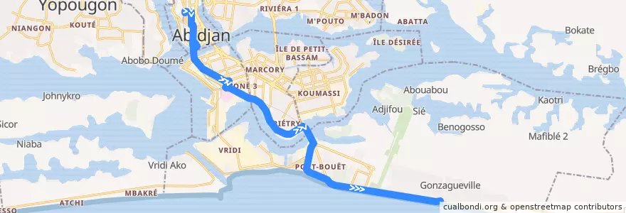 Mapa del recorrido bus 211 : Cité Administrative → Terminus Gonzagueville de la línea  en Abidjan.