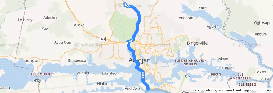 Mapa del recorrido bus 772 : PK 18 → Vridi Iran de la línea  en Abidjan.