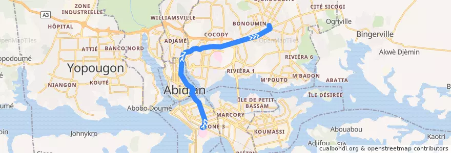 Mapa del recorrido bus 721 : CHU Treichville → Riviera Palmeraie de la línea  en Abidjan.