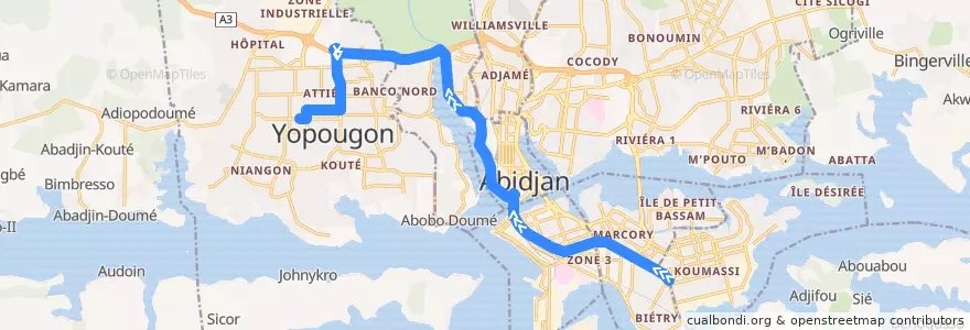 Mapa del recorrido bus 712 : Grand carrefour Koumassi → Amondji de la línea  en Abidjan.
