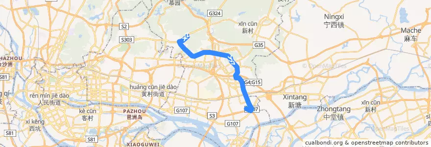 Mapa del recorrido 946路[广汕路(万龙路)总站-南岗(国际玩具礼品城)总站] de la línea  en Huangpu District.