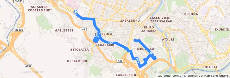 Mapa del recorrido 57 Ospitalea → Miribilla de la línea  en Bilbao.
