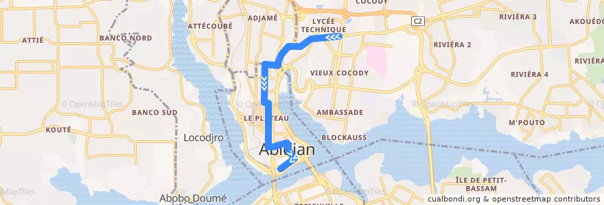 Mapa del recorrido bus 708 : La Vie → Plateau Gare Sud de la línea  en Abidjan.
