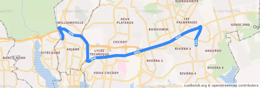Mapa del recorrido bus 86 : Nouveau Camp Akouedo → Gare Nord de la línea  en Abidjan.