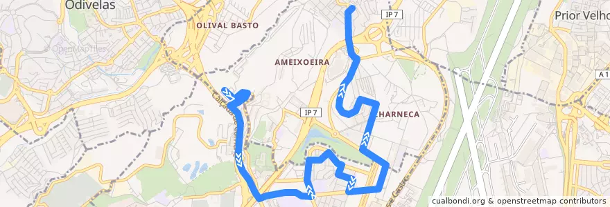 Mapa del recorrido Bus 41B: Quinta das Lavadeiras → Galinheiras de la línea  en Lisbona.