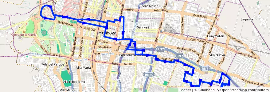 Mapa del recorrido 103 - Bº Quintanilla - Bº Cadore - U.N.C. de la línea G08 en Mendoza.