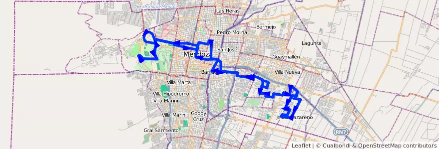 Mapa del recorrido 103 - J. Naz. Bº Quintanilla- Bº Unimev- UNC- Liceo Agricola  de la línea G08 en Mendoza.