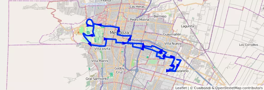 Mapa del recorrido 103 - J. Nazareno - Bº Quintanilla - Bº Cadore - UNC -  de la línea G08 en Mendoza.
