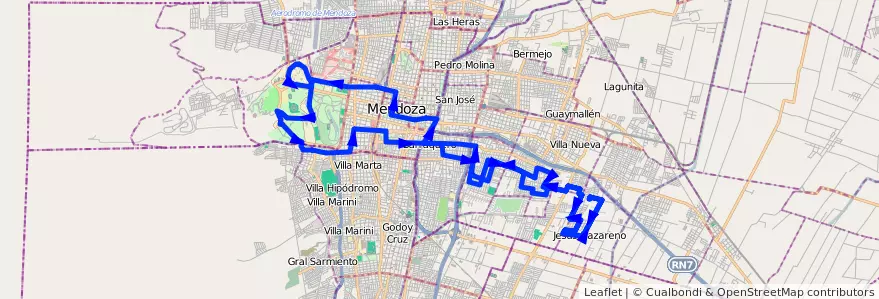 Mapa del recorrido 103 - Jesus Nazareno- UNC- Juan B. Justo- San Cayetano  de la línea G08 en Mendoza.