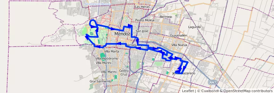 Mapa del recorrido 103 - Jesús Nazareno - UNC - Julian Barraquero de la línea G08 en メンドーサ州.