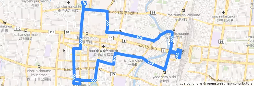 Mapa del recorrido 関東自動車バス[35] 宇都宮駅⇒宇都宮市内循環きぶな号（市役所先回り） de la línea  en Utsunomiya.