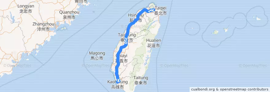 Mapa del recorrido 台灣高鐵 821 南港->左營 de la línea  en Тайвань.