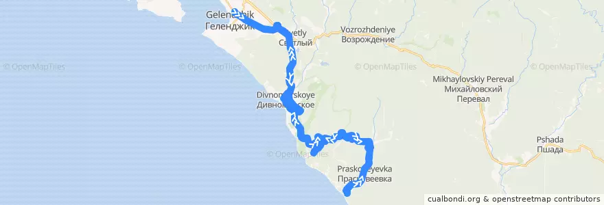 Mapa del recorrido Автобус №108: Геленджик АС - Прасковеевка de la línea  en городской округ Геленджик.