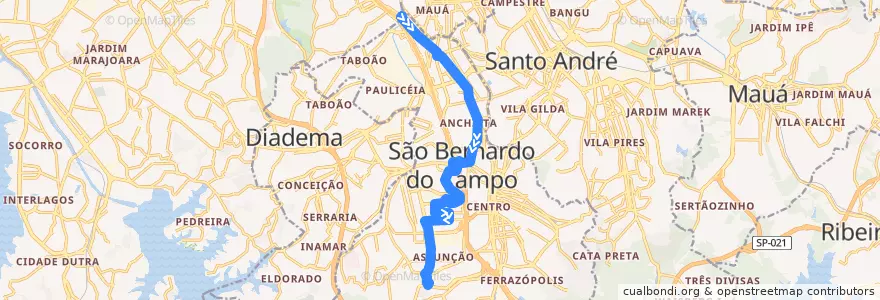 Mapa del recorrido 14R: Rudge Ramos => Terminal Grande Alvarenga de la línea  en São Bernardo do Campo.
