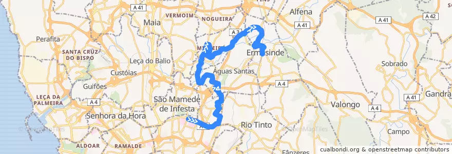 Mapa del recorrido 707: Hospital S. João => Ermesinde de la línea  en Área Metropolitana do Porto.