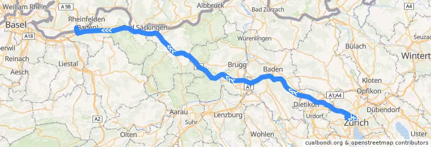Mapa del recorrido Flixbus 007/033: Zürich HB => Hamburg ZOB de la línea  en Suiza.