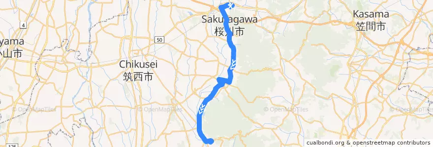 Mapa del recorrido 桜川市バス 桜川市役所岩瀬庁舎⇒筑波山口 de la línea  en Sakuragawa.