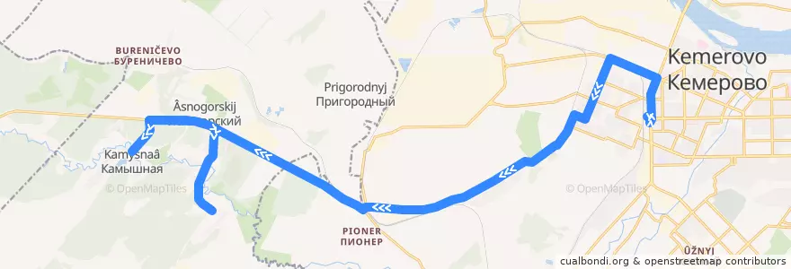 Mapa del recorrido Маршрутное такси № 121т: Ж/Д вокзал — Камышная — Мазурово de la línea  en Kemerovsky District.