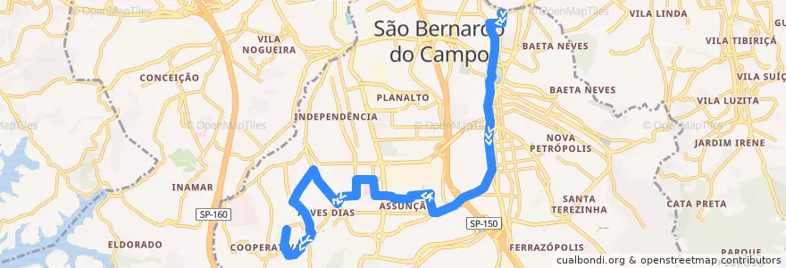Mapa del recorrido 10: Paço => Vila Ferreira de la línea  en São Bernardo do Campo.
